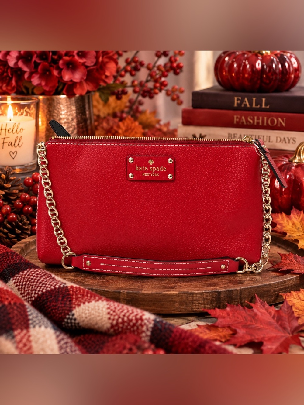 Kate Spade Red Leather Wristlet Clutch Gold Chain Shoulder Bag